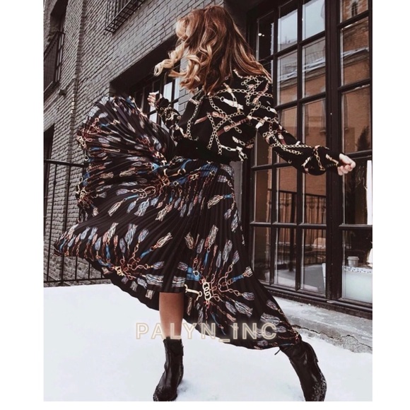 ❤️NWT ZARA CHAIN PRINT ASYMMETRIC PLEATED SKIRT - Picture 2 of 8